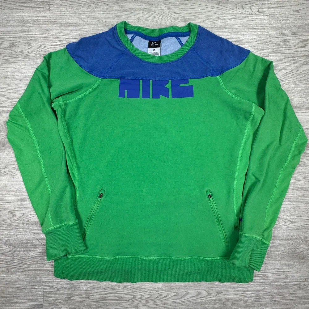 Nike Men's Sweatshirt Dri-FIT Colorblock Green Blue XL Zipper Pockets Pullover‎